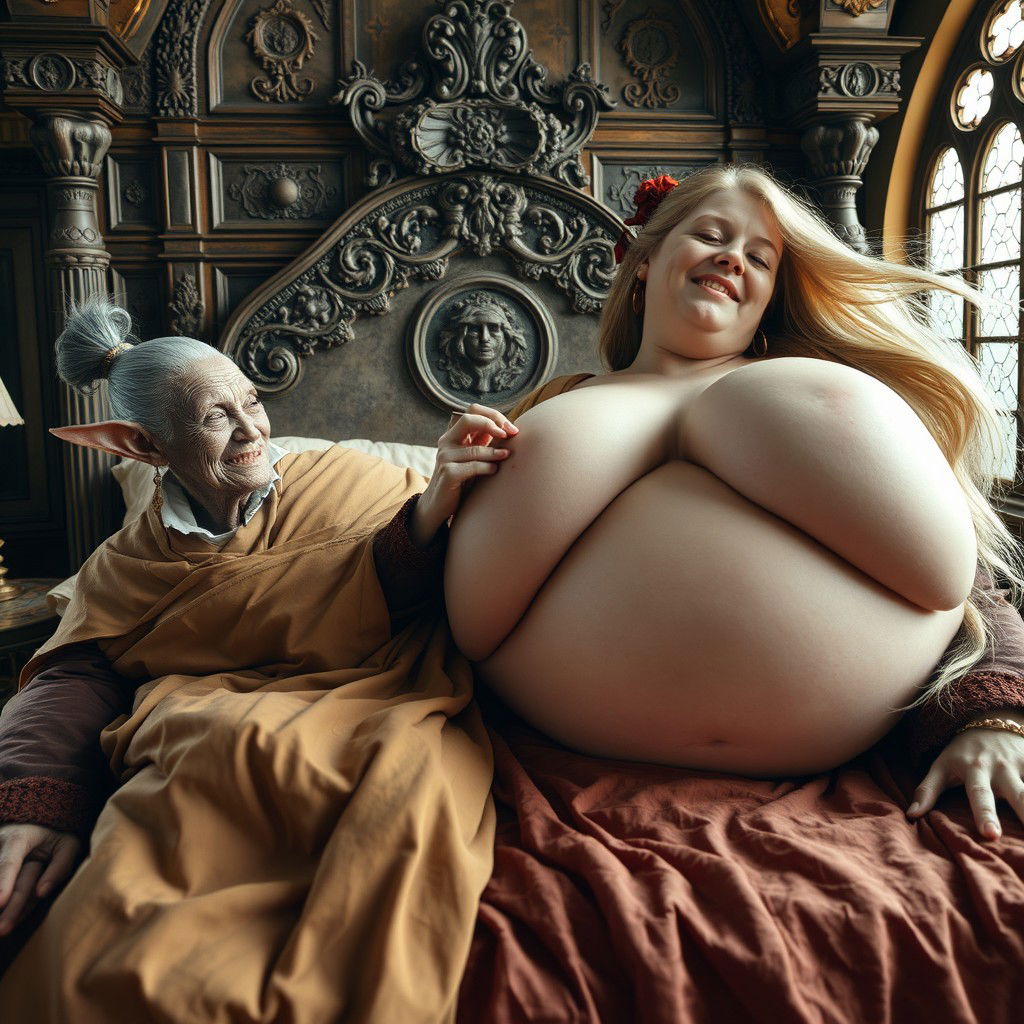 In a lavish medieval bedroom, two women are reclining on a grand bed