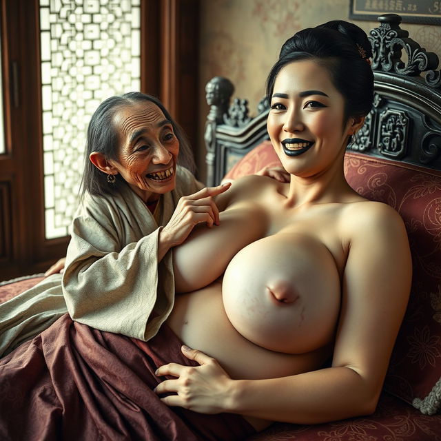 In a medieval Chinese bedroom, two women are lying on an ornate bed