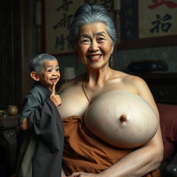 In a medieval Chinese bedroom, a tiny elderly woman of Indonesian descent appears, very petite and malnourished, with sharp, decayed teeth