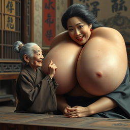 In a medieval Chinese room, a tiny elderly Chinese woman appears, very petite with a malnourished body, sharp, decayed teeth, and wearing a long, fully closed Buddhist robe