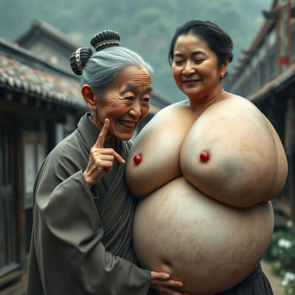 In a medieval Chinese village setting, a tiny elderly Chinese woman appears, very petite with a malnourished body, sharp, decayed teeth, and dressed in a long, fully closed Buddhist robe