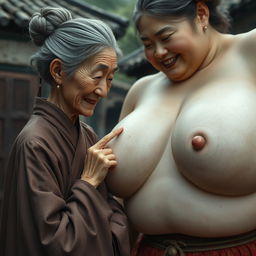 In a medieval Chinese village setting, a tiny elderly Chinese woman appears, very petite with a malnourished body, sharp, decayed teeth, and dressed in a long, fully closed Buddhist robe