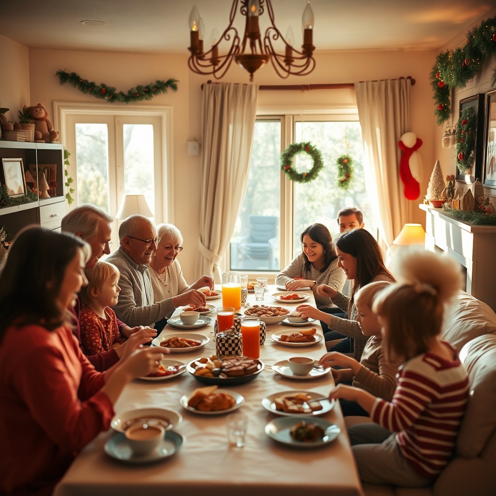 A joyful family gathering in a cozy living room filled with warmth and happiness