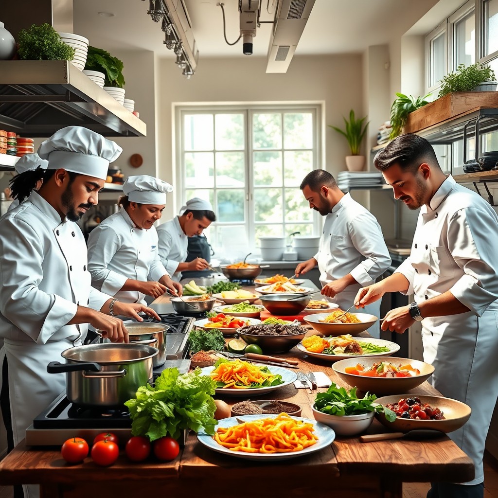 A vibrant and dynamic kitchen scene featuring chefs passionately preparing gourmet dishes