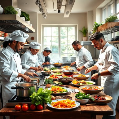 Dynamic Gourmet Kitchen Scene: Diversity & Creativity in Culinary Arts