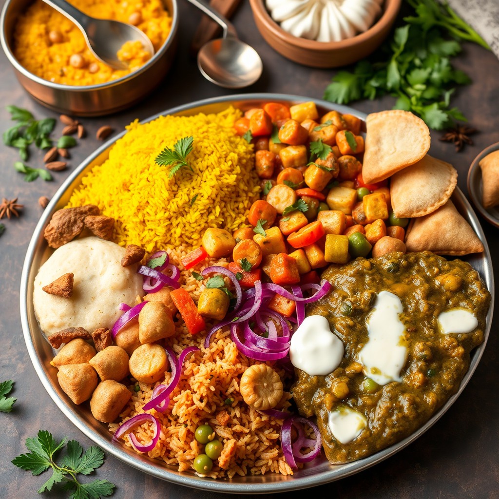 A beautifully arranged platter of Indian vegetarian cuisine featuring a vibrant array of dishes including vibrant yellow turmeric rice, rich paneer butter masala decorated with fresh cilantro, colorful vegetable biryani with peas and carrots, crispy samosas with a side of mint chutney, and palak paneer garnished with cream