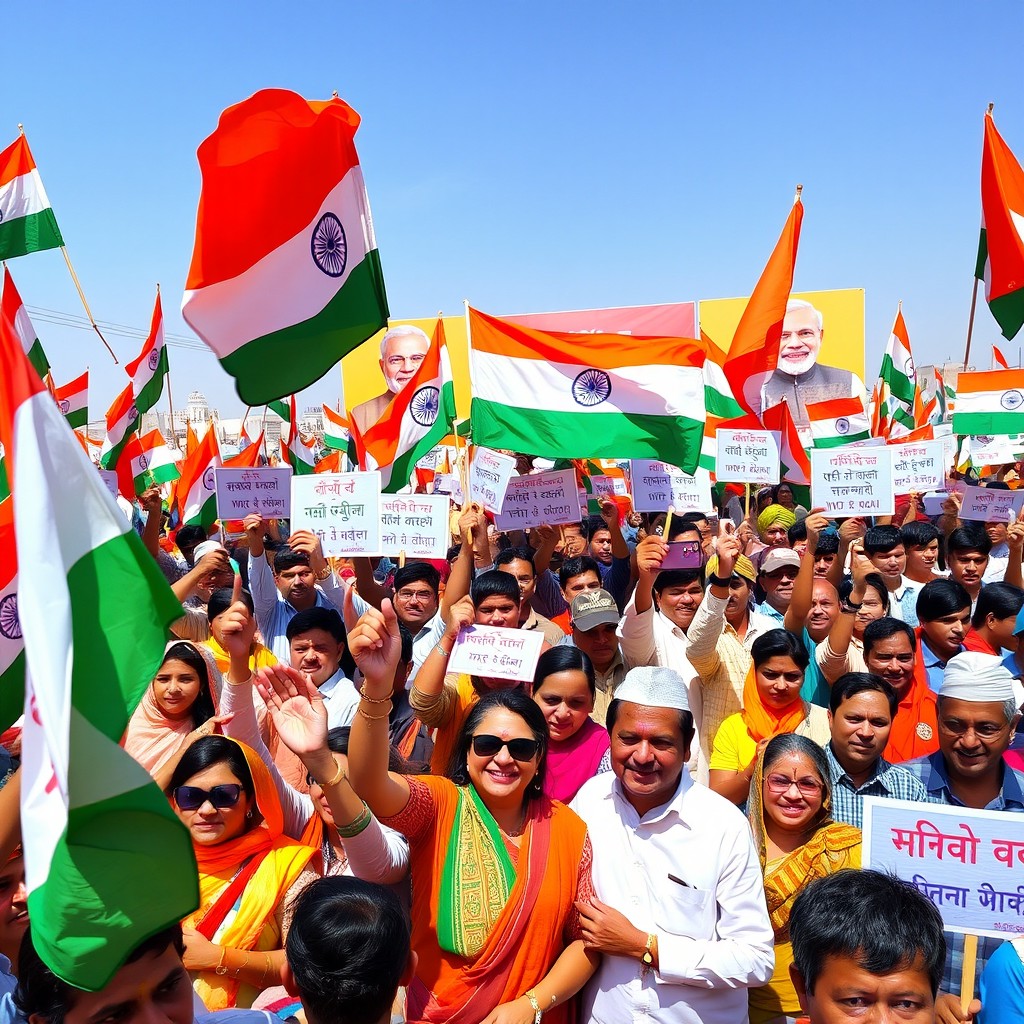A colorful, vibrant political rally featuring a diverse crowd of enthusiastic supporters waving flags, placards, and banners that display slogans advocating for Modi ji's election campaign