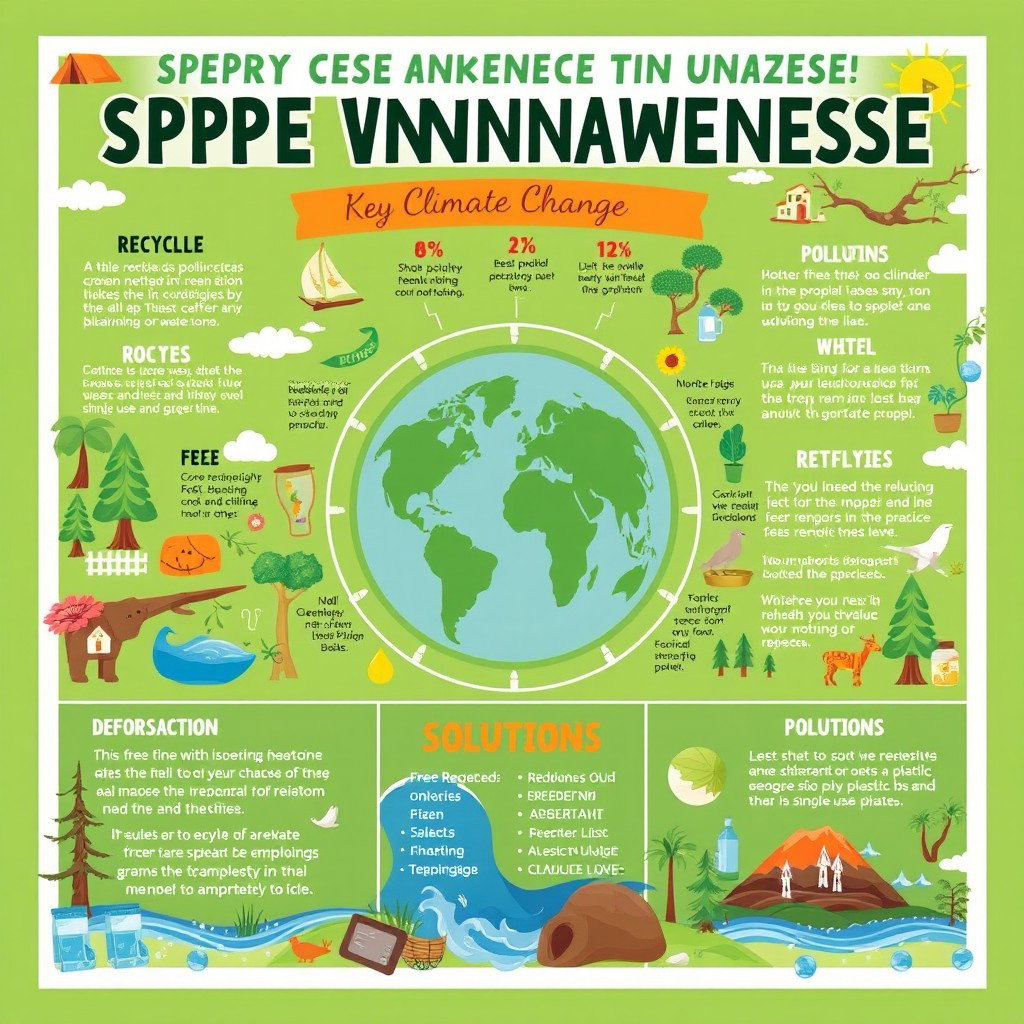 A captivating poster presentation aimed at spreading environmental awareness, focusing on key environmental issues such as climate change, pollution, deforestation, and plastic waste