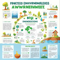 A captivating poster presentation aimed at spreading environmental awareness, focusing on key environmental issues such as climate change, pollution, deforestation, and plastic waste