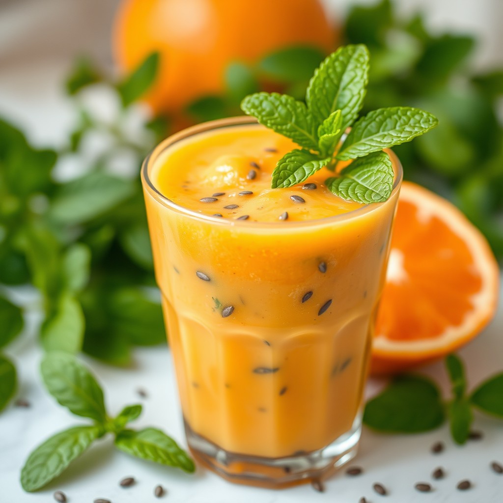 A refreshing cup filled with a vibrant orange pomelo mint basil seed smoothie
