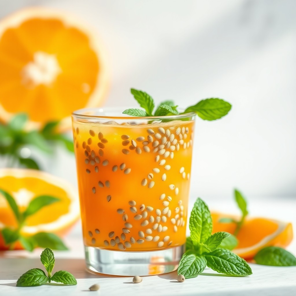 A refreshing cup of orange pomelo mint basil seeds juice, showcasing a vibrant orange hue that captures the eye