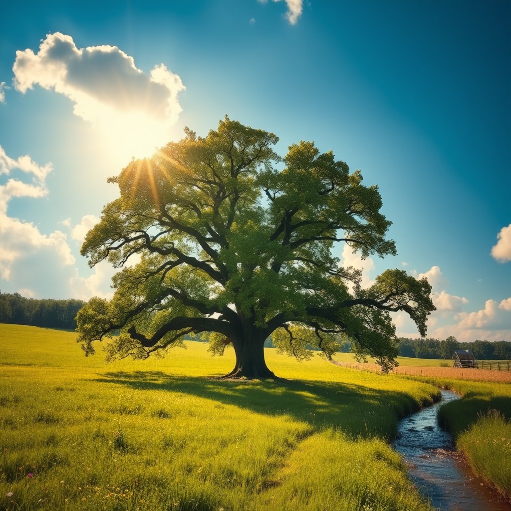 Serene Countryside Landscape with Majestic Oak Tree
