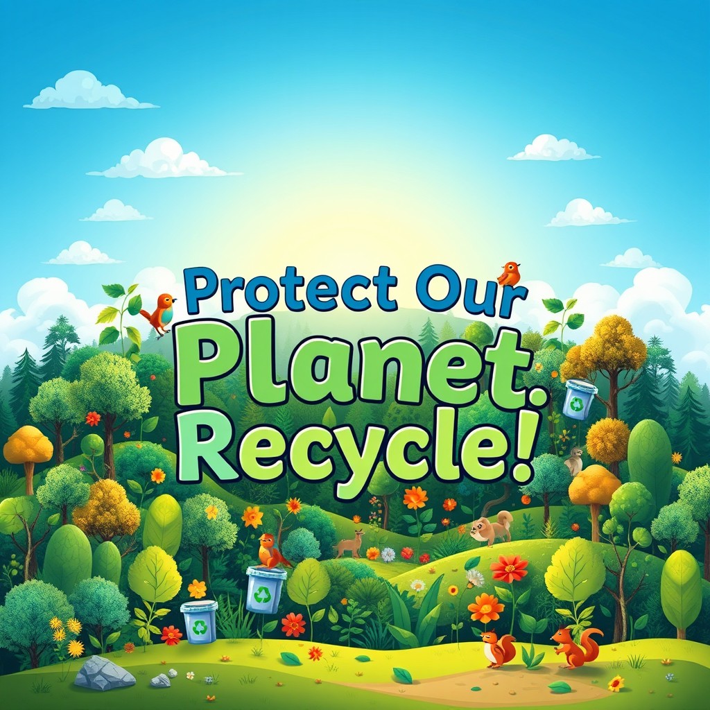 A vibrant poster design promoting environmental protection and recycling