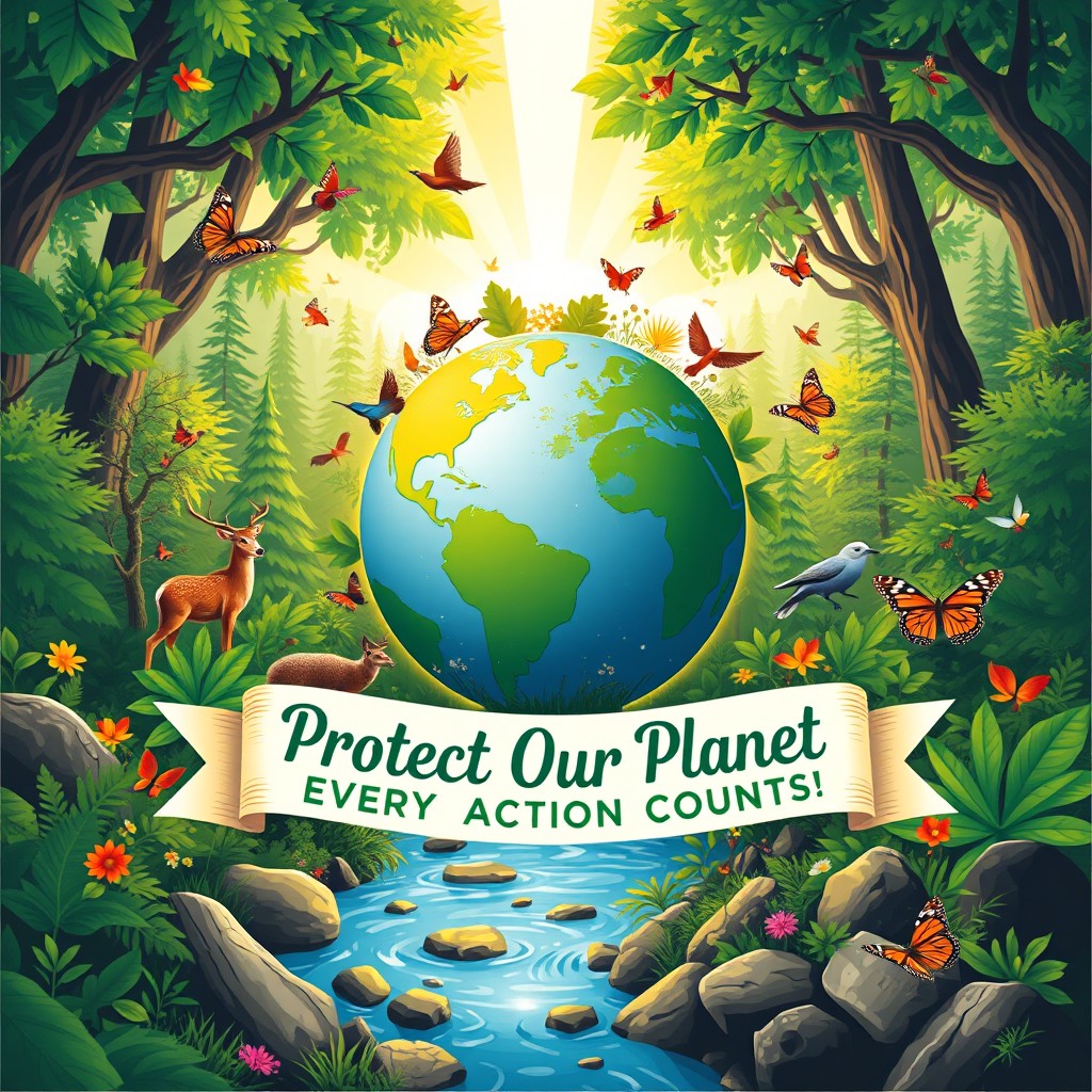 A colorful and inspiring poster design advocating for environmental protection