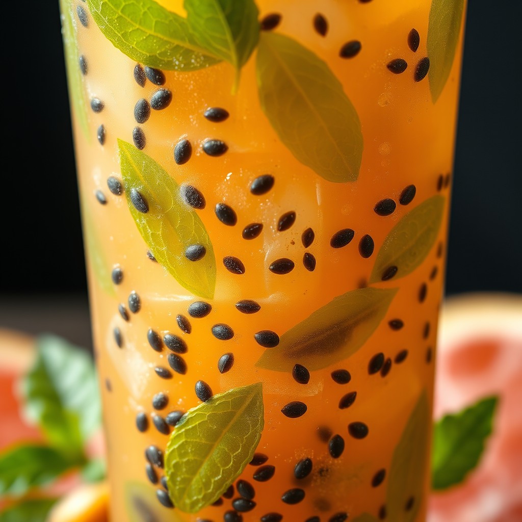 A hyperrealistic, close-up photo of a tall glass filled with a refreshing blended juice made from fresh oranges and grapefruit
