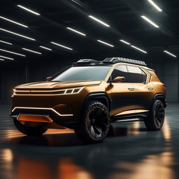 An innovative 8K resolution envisioning of a luxurious, military-inspired SUV, featuring distinct, sharp architectural lines, displaying a fusion of power and sophistication.