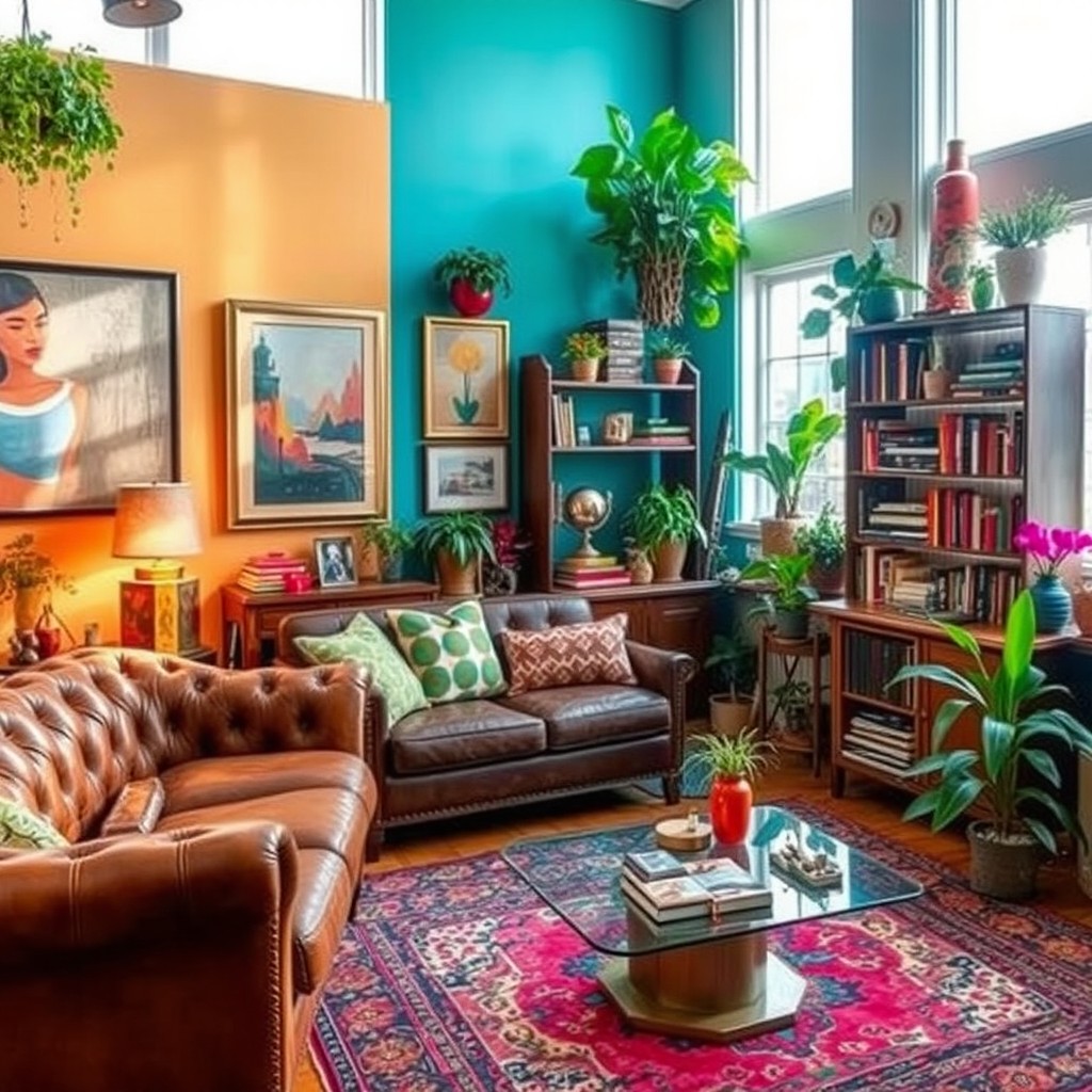 A vibrant and eclectic interior design featuring an assortment of bold colors, patterns, and textures