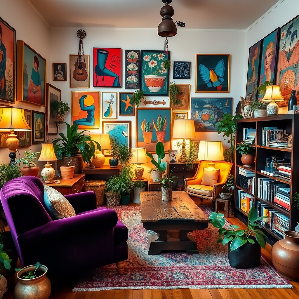 An eclectic room filled with a diverse range of furnishings and decor styles