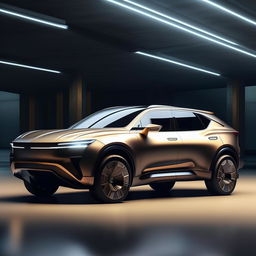 An innovative 8K resolution envisioning of a luxurious, military-inspired SUV, featuring distinct, sharp architectural lines, displaying a fusion of power and sophistication.