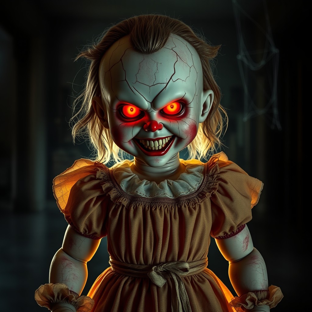 A menacing and highly detailed killer doll, featuring cracked porcelain skin, glowing red eyes, and a sinister smile, dressed in a tattered vintage dress