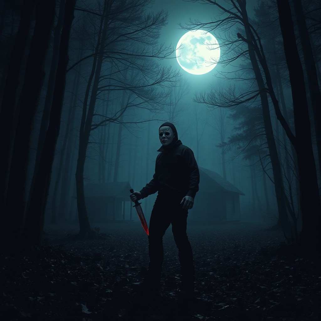 A chilling horror scene in a dark forest during the night, illuminated by a full moon casting eerie shadows