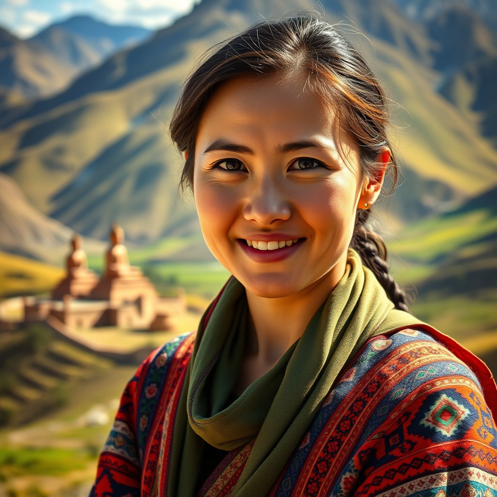 A stunning portrait of a Hazara woman from Bamiyan, Afghanistan, showcasing her traditional attire with vibrant colors and intricate patterns