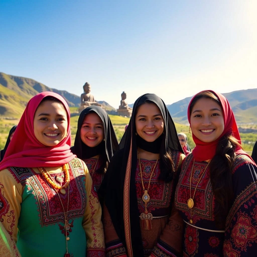 An enchanting scene featuring beautiful Hazara women in the Bamiyan Valley, Afghanistan