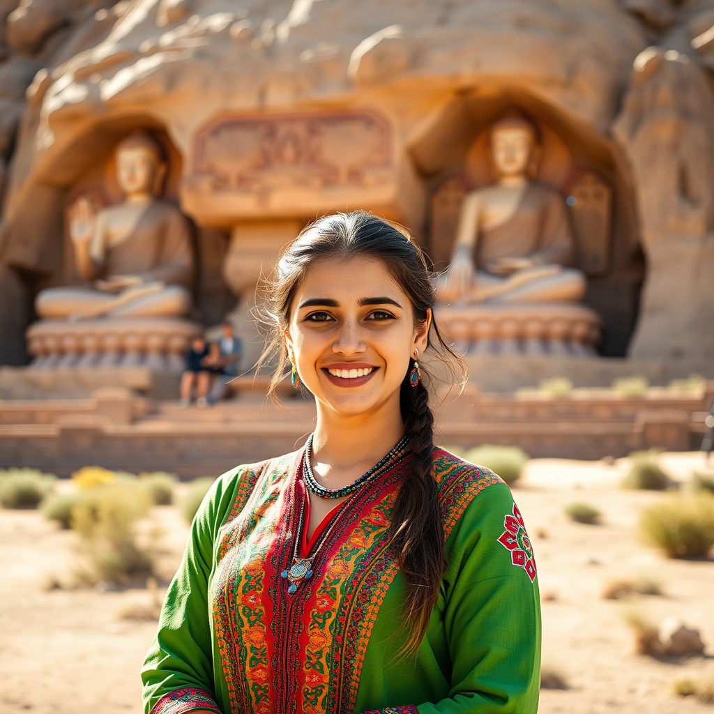 A beautiful Hazara woman standing gracefully in front of the iconic Bamiyan Buddha statues