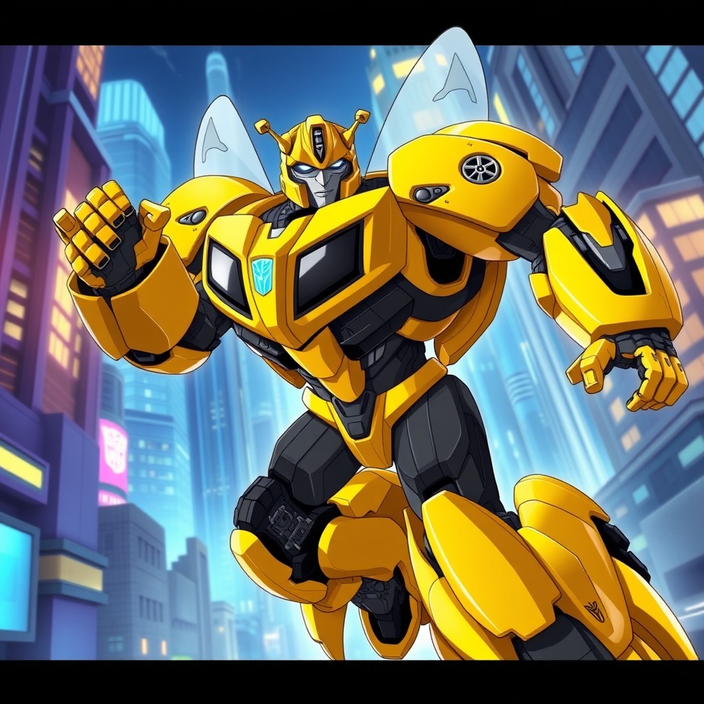 A highly detailed illustration of Bumblebee as a Prime from the Transformers Animated series