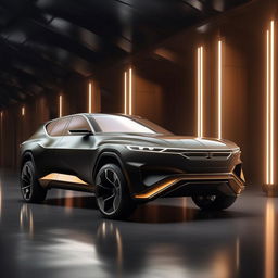 An innovative 8K resolution envisioning of a luxurious, military-inspired SUV, featuring distinct, sharp architectural lines, displaying a fusion of power and sophistication.