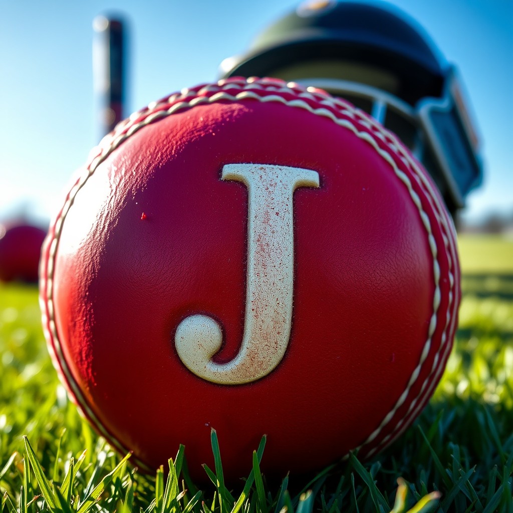 A close-up view of a cricket ball with the letter 'J' artistically embedded within it