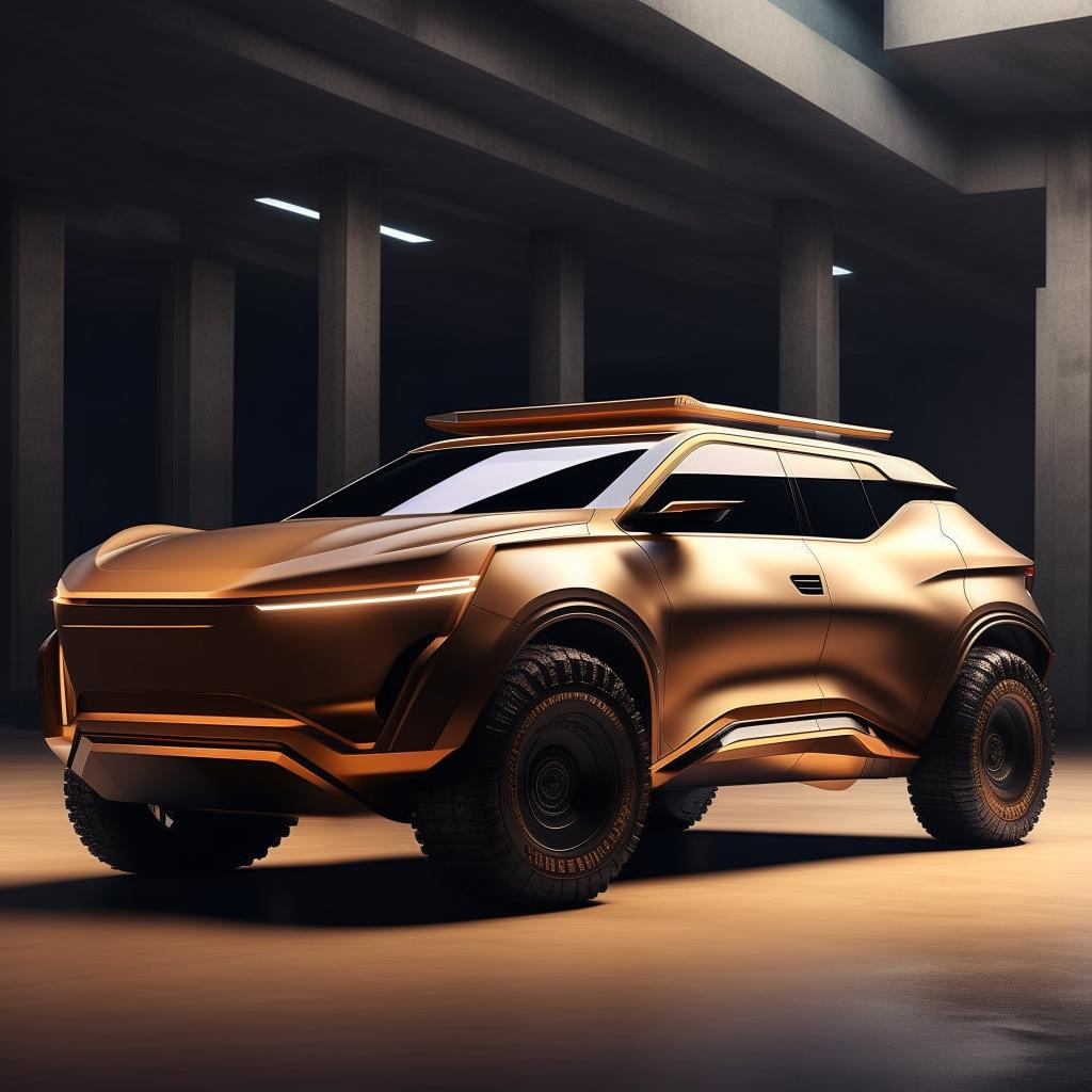 An innovative 8K resolution envisioning of a luxurious, military-inspired SUV, featuring distinct, sharp architectural lines, displaying a fusion of power and sophistication.