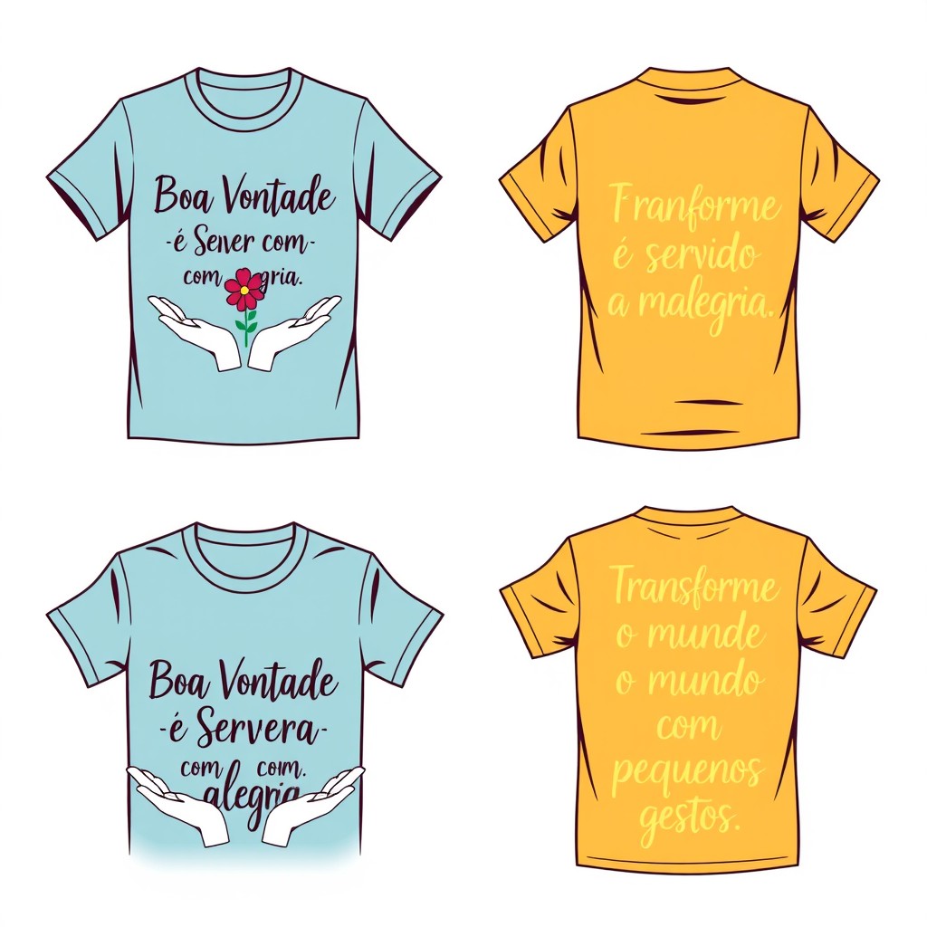 A collection of stylish t-shirt designs featuring the phrase 'Boa Vontade é servir com alegria