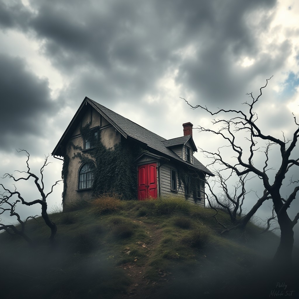 A creepy, decrepit house perched ominously on a dark, windswept hill, shrouded in mist
