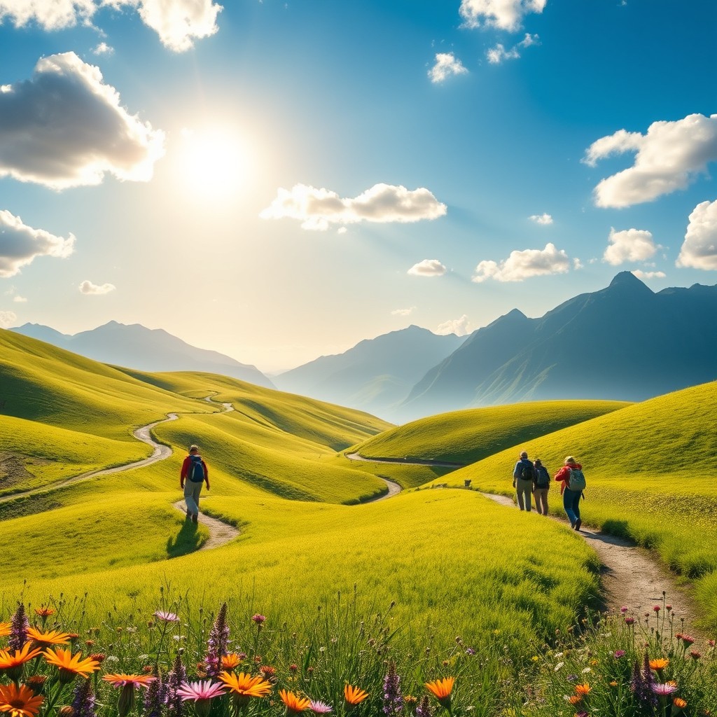 A serene landscape depicting the scenic 'Caminhos Peregrinos do Sul', inspired by the works of J
