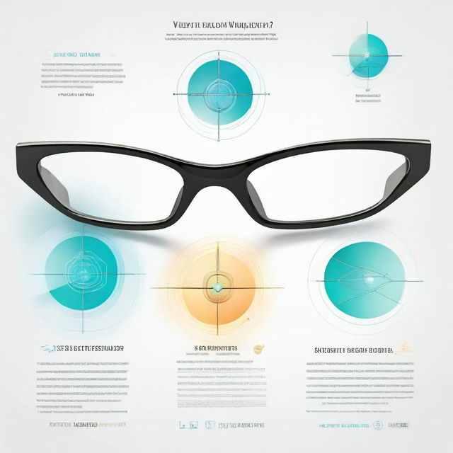 A graphic visualization illustrating the science behind smart eyeglass lenses, showcasing technology, light refraction principles, focus adjustment, and data transmission.