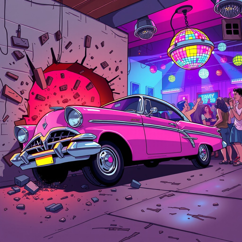 A vibrant cartoon scene of a vintage pink and gray Chrysler car crashing through a wall to enter a lively nightclub