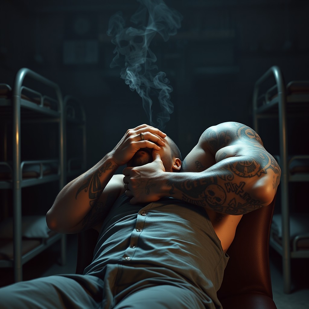 In a dimly lit prison cell, a strong young muscular inmate is reclining, completely covered in tattoos and smoking