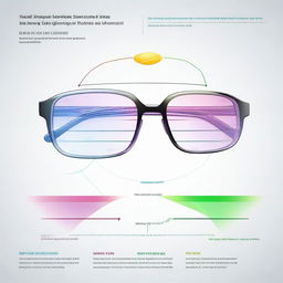 A graphic visualization illustrating the science behind smart eyeglass lenses, showcasing technology, light refraction principles, focus adjustment, and data transmission.