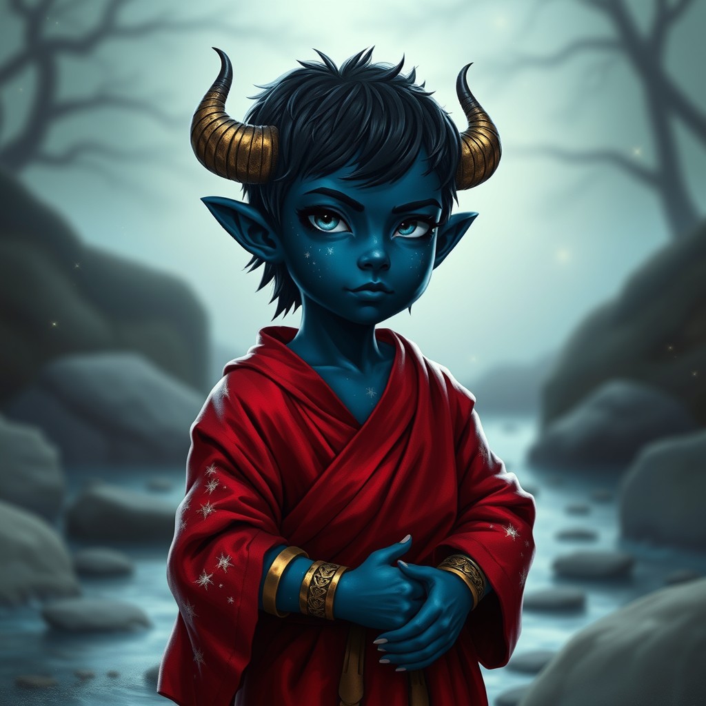 A halfling nyxborn monk standing poised in a serene setting