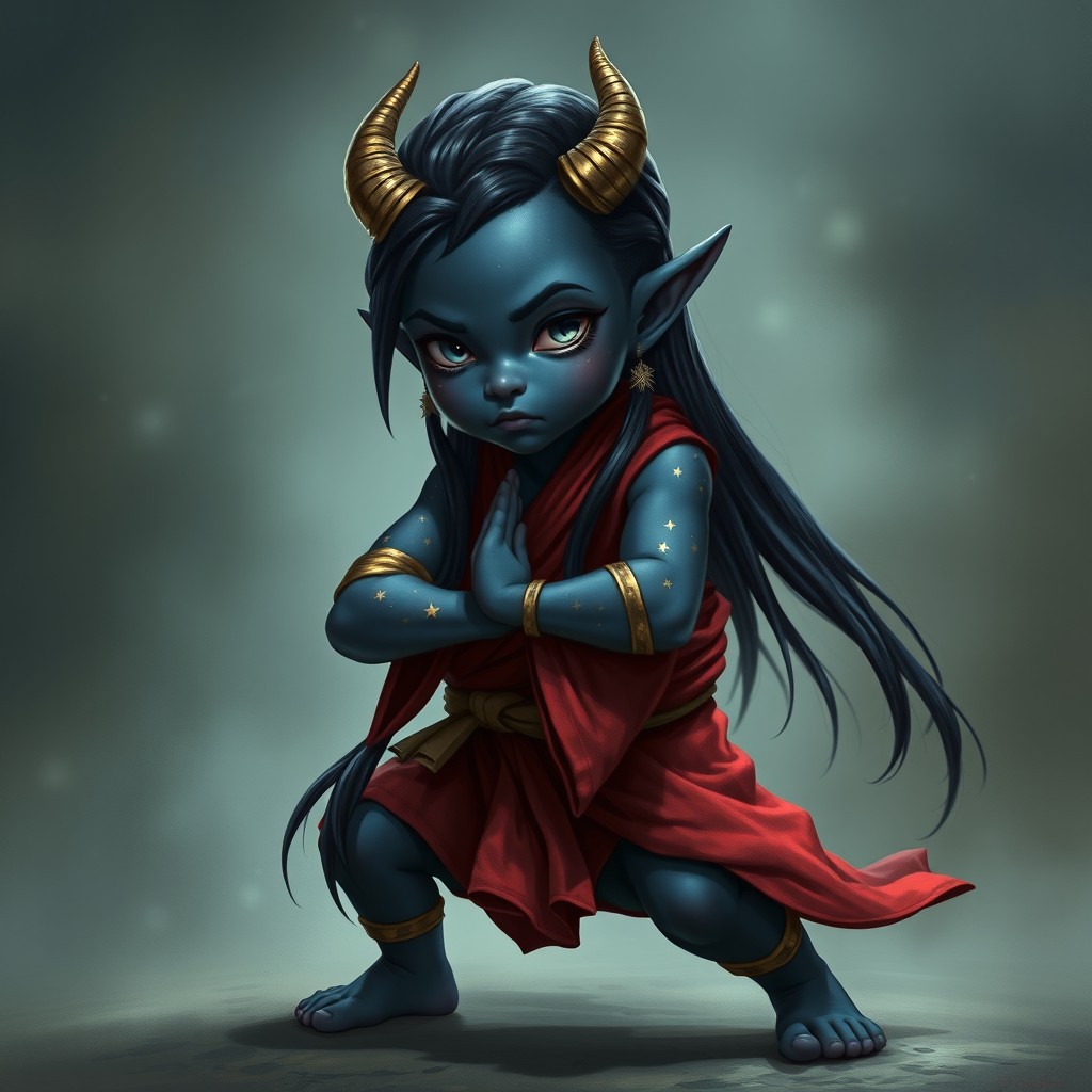 A halfling nyxborn monk depicted in a dynamic stance, embodying a sense of peace and strength
