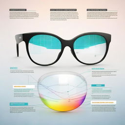 A graphic visualization illustrating the science behind smart eyeglass lenses, showcasing technology, light refraction principles, focus adjustment, and data transmission.