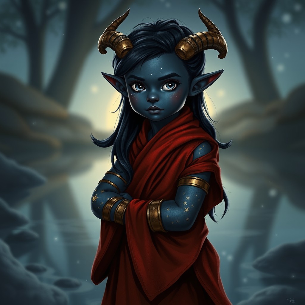 A halfling nyxborn monk standing in a serene, mystical setting