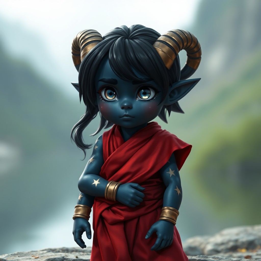 A halfling nyxborn monk standing poised in a serene setting