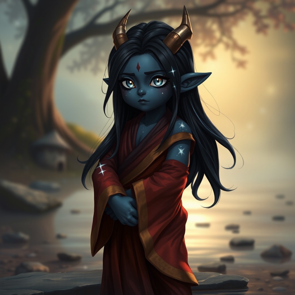 A halfling nyxborn monk standing gracefully in a tranquil, mystical setting
