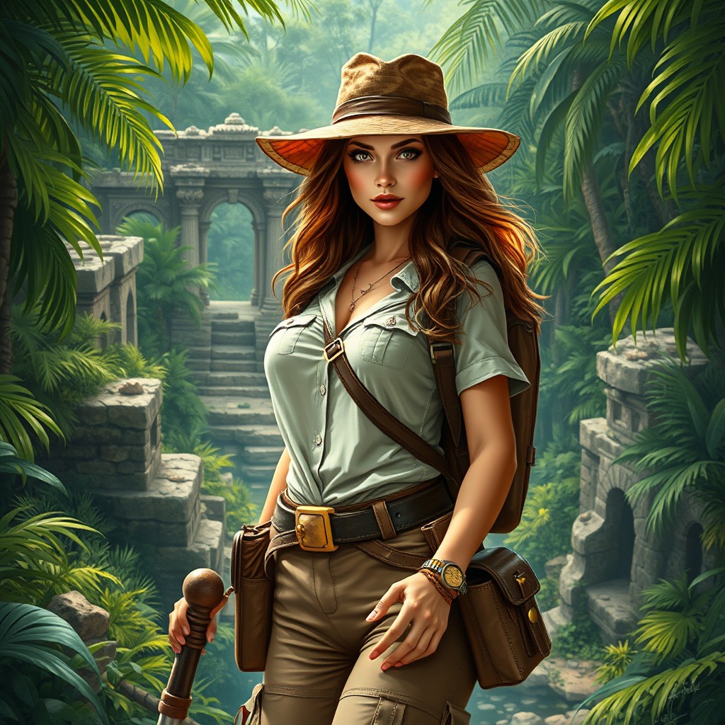 A stunningly beautiful woman depicted as a treasure hunter, dressed in stylish yet practical adventurer attire