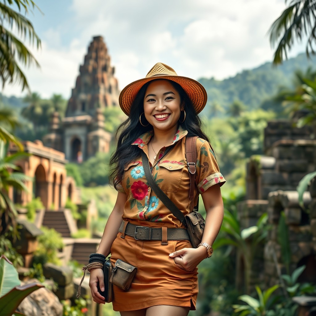 A beautiful, curvy Asian woman portrayed as a treasure hunter, dressed in colorful, practical adventurer attire