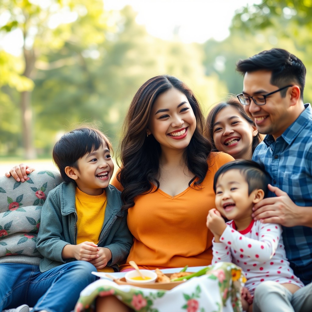 A warm and joyful scene depicting a beautiful, curvy Asian woman surrounded by her loving family
