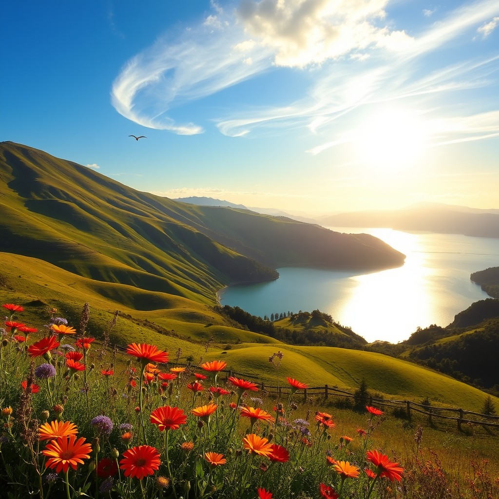 A breathtaking view of an idyllic landscape featuring rolling green hills, a sparkling blue lake, and colorful wildflowers blooming in the foreground