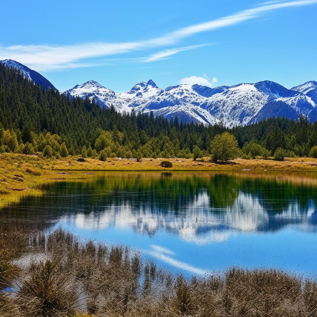 A peaceful and serene mountain landscape featuring a crystal-clear lake reflecting the snow-capped peaks, under a bright blue sky with a few scattered clouds